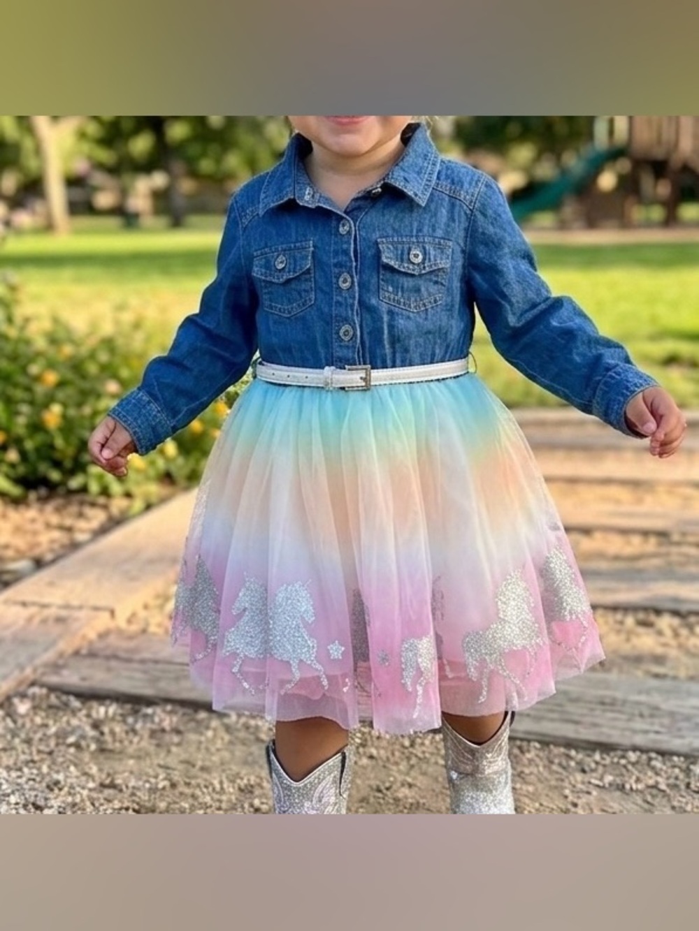 2T Zunie Denim Pastel Rainbow Tulle Glitter Unicorn Belt Roll Tab Sleeve Dress